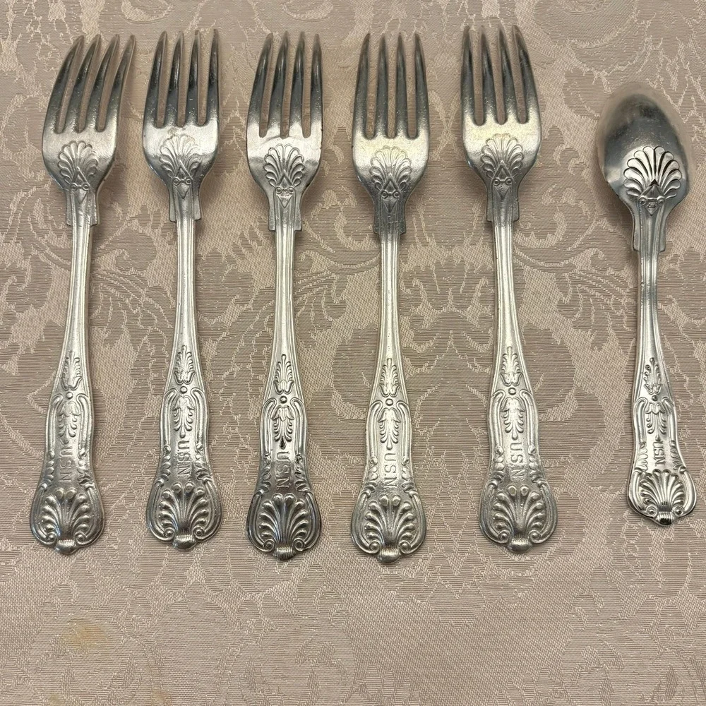 WWII US Navy Officer's Mess Silverplate Flatware 6pc Kings Design USN 1940s